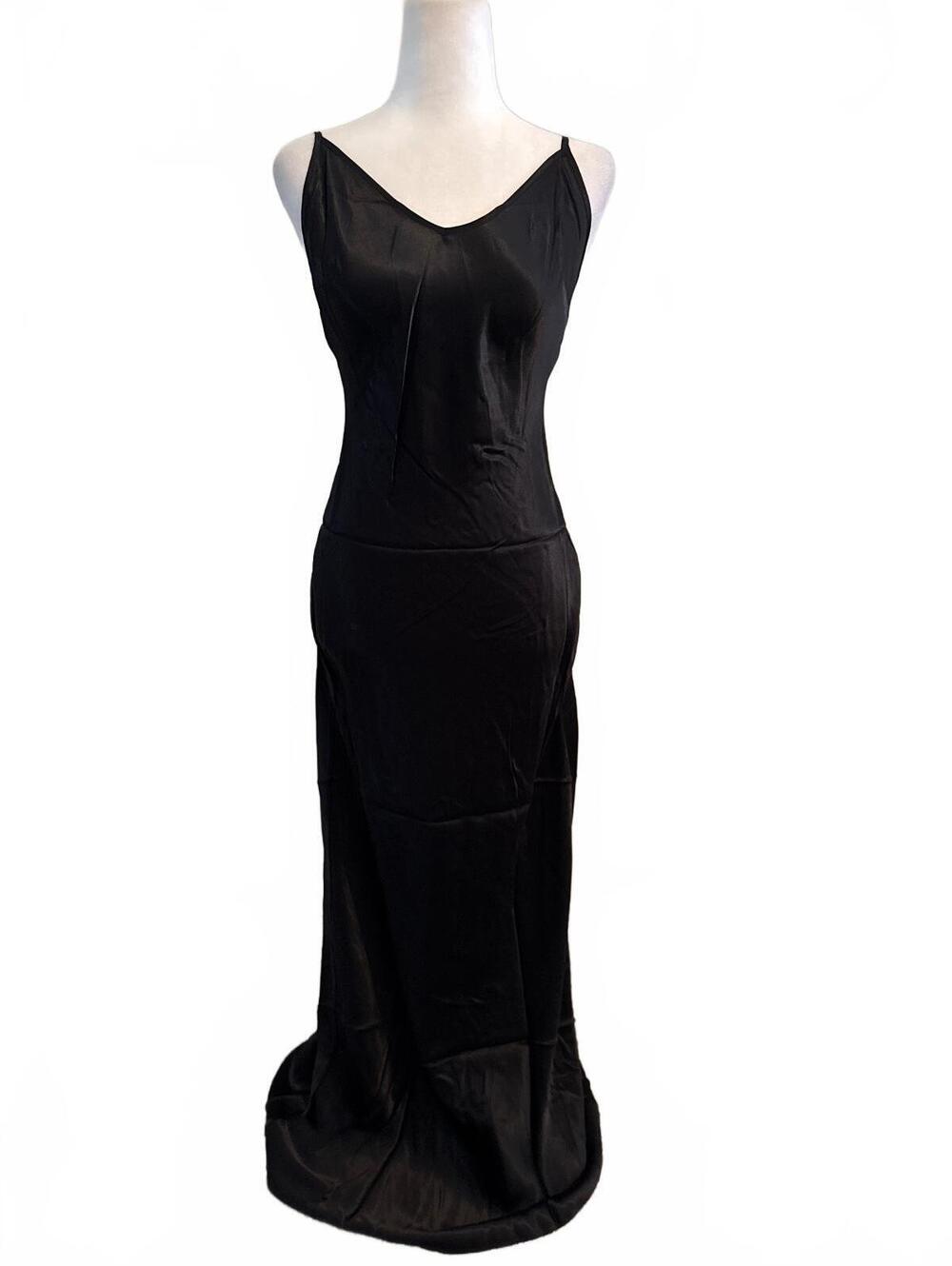 Rumored Black Satin Slip Low Tide Maxi Dress with Open Back & Tie